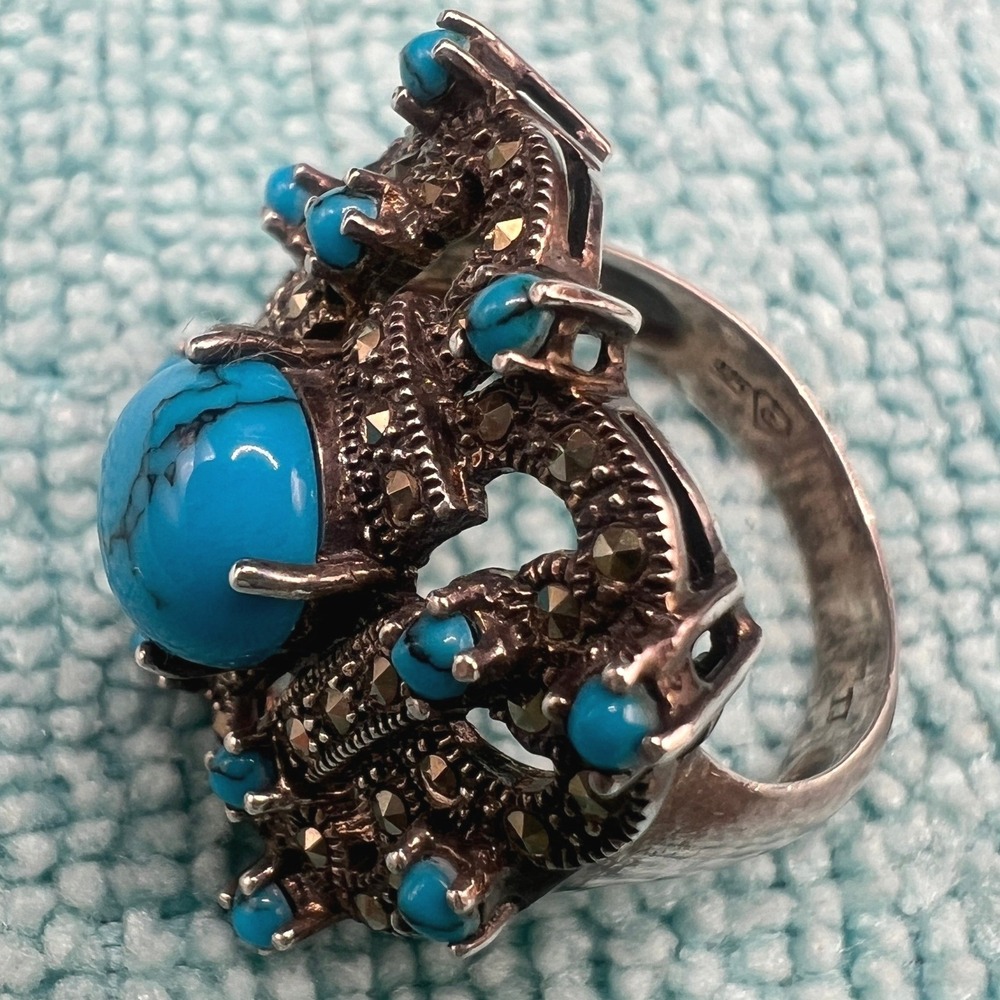 Vintage Sterling Silver Ring Marcasites Blue Stones Signed TJ .75 Square Sz7 7g